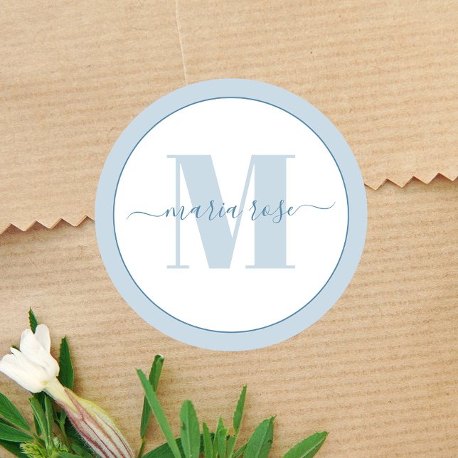Stylische Monogram Blue Simple Minimalistisch Cust Runder Aufkleber (Simple blue monogram and name sticker.)
