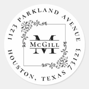 Stylische Monogram & Nachname Round-Rücksendeadre Runder Aufkleber