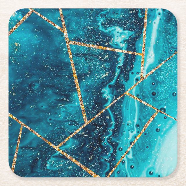 Stylische Navy Blue Gold Agate Geode Chic Monogram Rechteckiger Pappuntersetzer (Vorderseite)