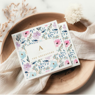 Stylische Pastel Blue Watercolor Blume Monogram Serviette