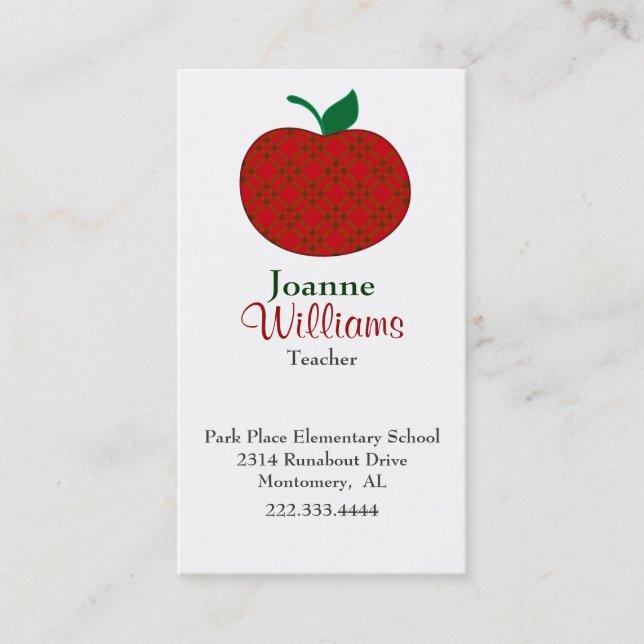 Stylische Red Kariert Apple Teacher Business Card Terminkarte (Vorderseite)
