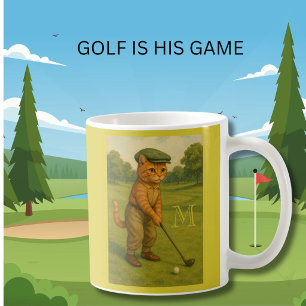Stylische Retro-Katze spielt Golf mit individuelle Kaffeetasse
