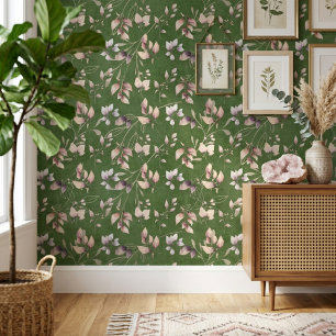 Stylische rosa und goldene Steinblätter auf Grün Tapete