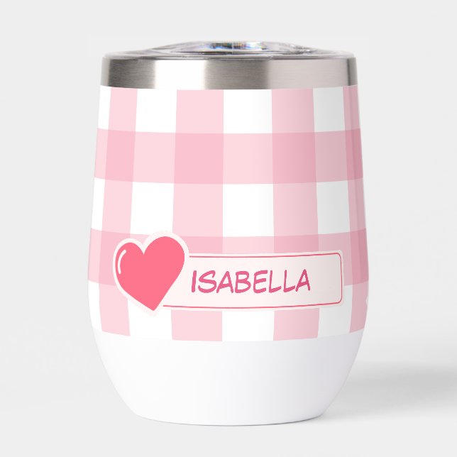 Stylische Rosa & Weiße Quadrate Custom Wine Tumble (Vorderseite)