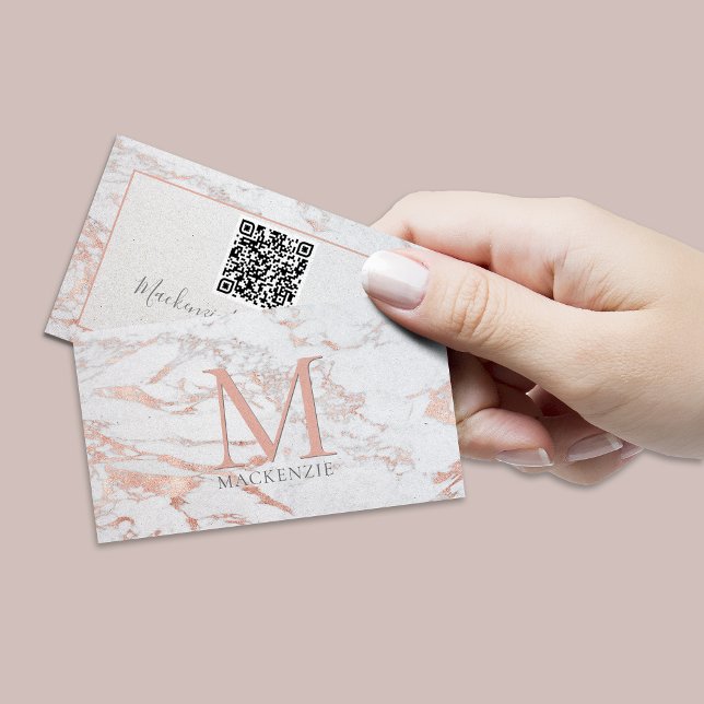 Stylische Rose Gold Foil Marmor Monogram QR Code Visitenkarte (Von Creator hochgeladen)