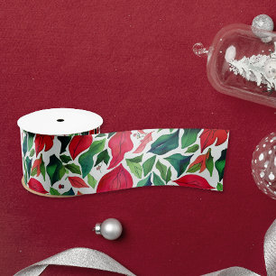Stylische rote und grüne Blätter Weihnachts-Wasser Satinband