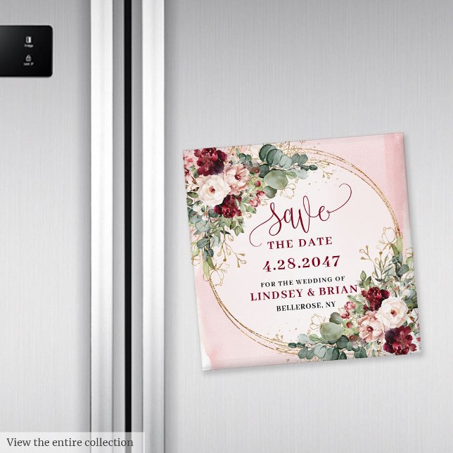 Stylischer Boho Merlot Roségold Blumen Save the Da Magnet (Stylish Boho Merlot Blush Gold Floral Save the Date Magnet

)