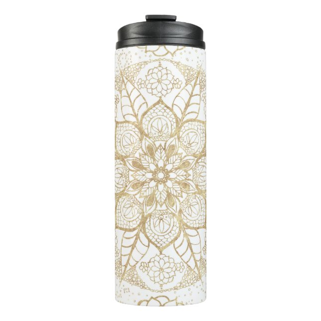 Stylischer Boho Weißgold Mandala Blumenmuster Thermosbecher (Vorderseite)