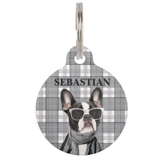Stylischer Boston Terrier Hund und Karo Haustiermarke