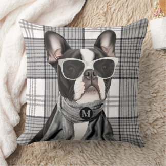 Stylischer Boston Terrier Hund und Karomuster-Mono Kissen