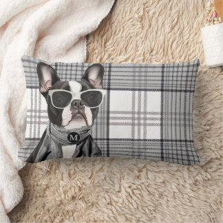 Stylischer Boston Terrier Hund und Karomuster-Mono Lendenkissen
