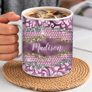 Stylischer floraler glitzernder lila rosa goldener kaffeetasse