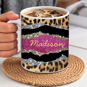 Stylischer, girly Tierdruck, rosa glitzernde Monog Kaffeetasse