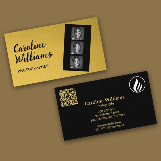 Stylischer Goldfilm-Streifen Fotografie Logo QR-Co Visitenkarte (Stylish gold film strip Photography Logo QR code Business Card)