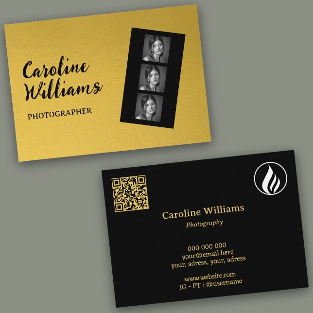 Stylischer Goldfilm-Streifen Fotografie Logo QR-Co Visitenkarte (Stylish gold film strip Photography Logo QR code Business Card)
