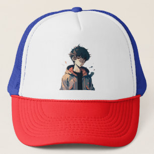 Stylischer Manga-Junge in brauner Jacke Truckerkappe