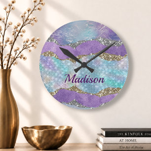 Stylischer Meerjungfrau Glitter lila Türkis Monogr Runde Wanduhr