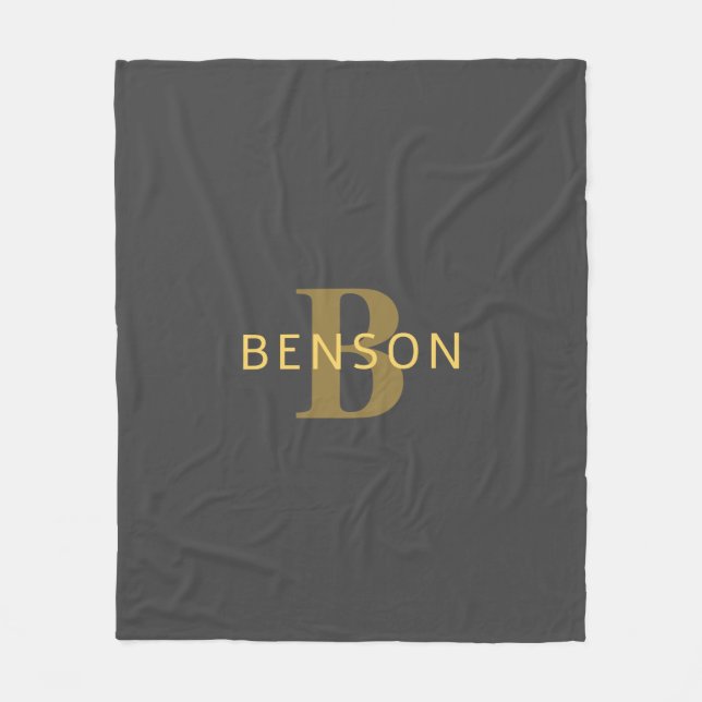 Stylischer Name & Monogramm | Gold & Dunkelgrau Fleecedecke (Vorderseite)
