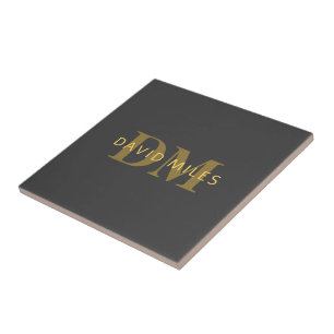 Stylischer Name & Monogramm   Gold & Dunkelgrau Fliese
