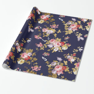 Stylischer navyblauer rosa goldener Boho-Blumensti Geschenkpapier