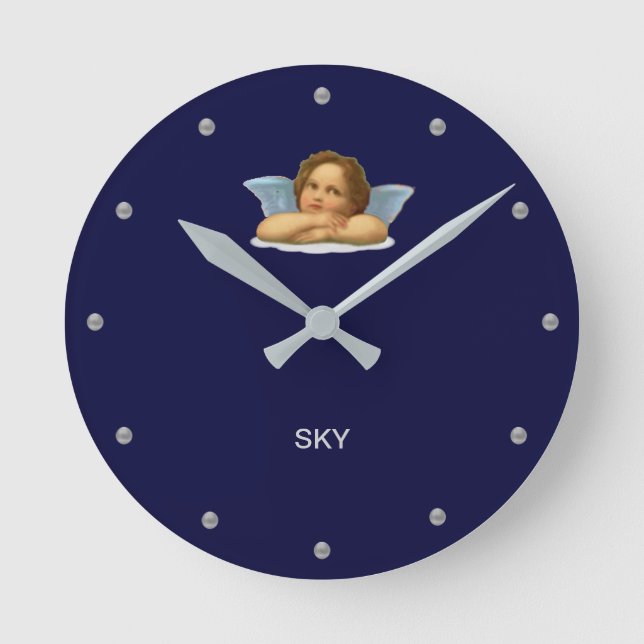 Stylischer Raphael-Cherub auf Navy Blue Runde Wanduhr (Vorderseite)