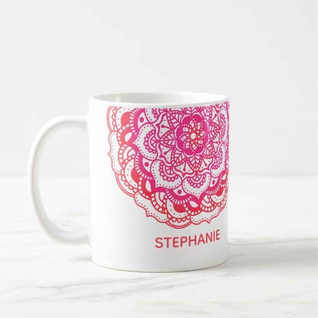 Stylischer Red Pink Individuelle Name Boho Mandala Kaffeetasse (Links)
