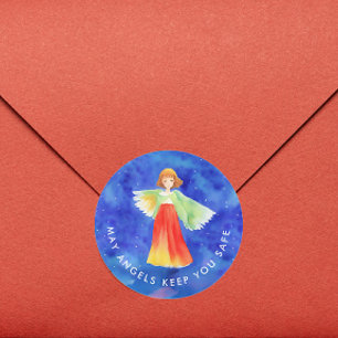 Stylischer religiöser Gott segne Farb-Schutzengel Runder Aufkleber