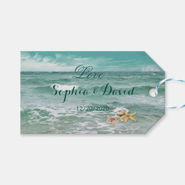 Stylischer Tag für Hochzeitsgeschenke am Strand Geschenkanhänger (Vorderseite (Horizontal))