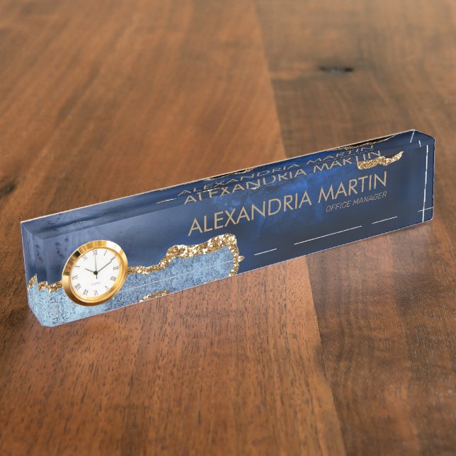 Stylisches Beruflich Navy Blue Gold Glitzer Office Namensplakette (Seite)