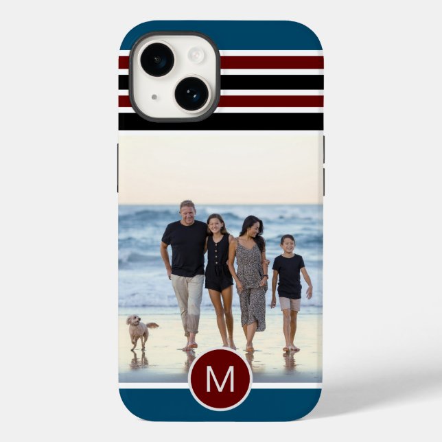 Stylisches, blaues Streifen Monogram Custom Foto Case-Mate iPhone Hülle (Rückseite)
