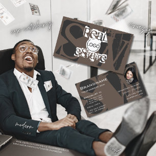 Stylisches Braun-Grau-Weiß mit Foto-Logo Monogram Visitenkarte