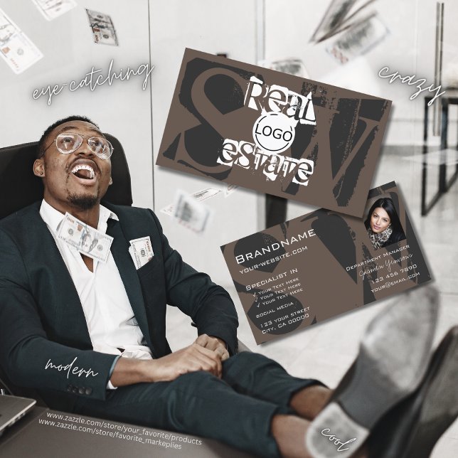 Stylisches Braun-Grau-Weiß mit Foto-Logo Monogram Visitenkarte (Von Creator hochgeladen)