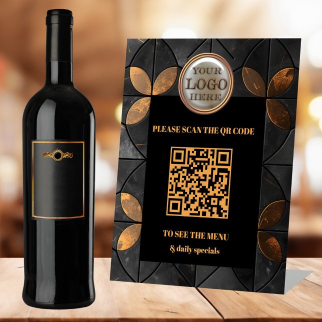 Stylisches Gold Black Logo QR Code Business Sockelschild (Stylish gold black business tabletop sign template - restaurant - coffee shop - company)