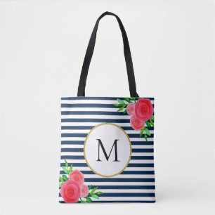 Stylisches Navy White Striping Korallen Floral Mon