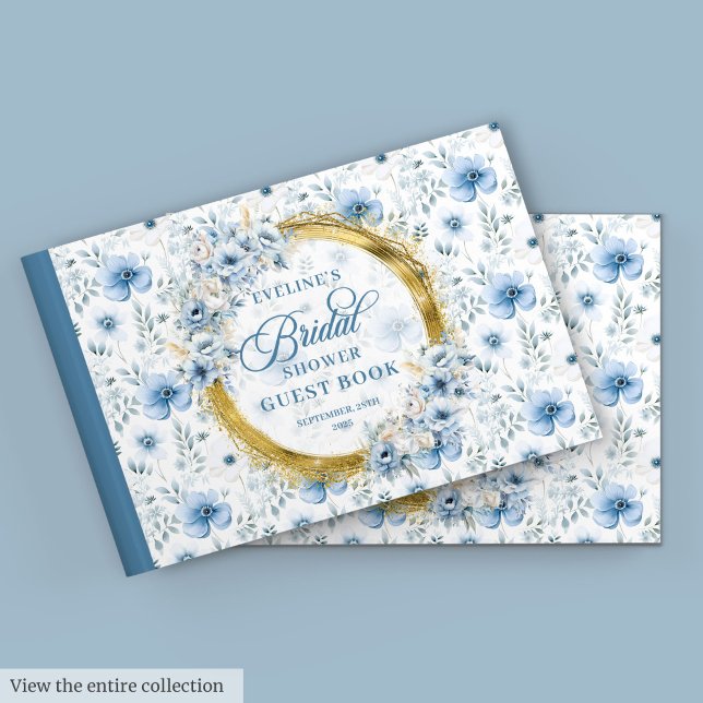 Stylisches Pastel Blue Gold Blume Brautparty Gästebuch (Stylish Pastel Blue Gold Flowers Bridal Shower Guest Book)