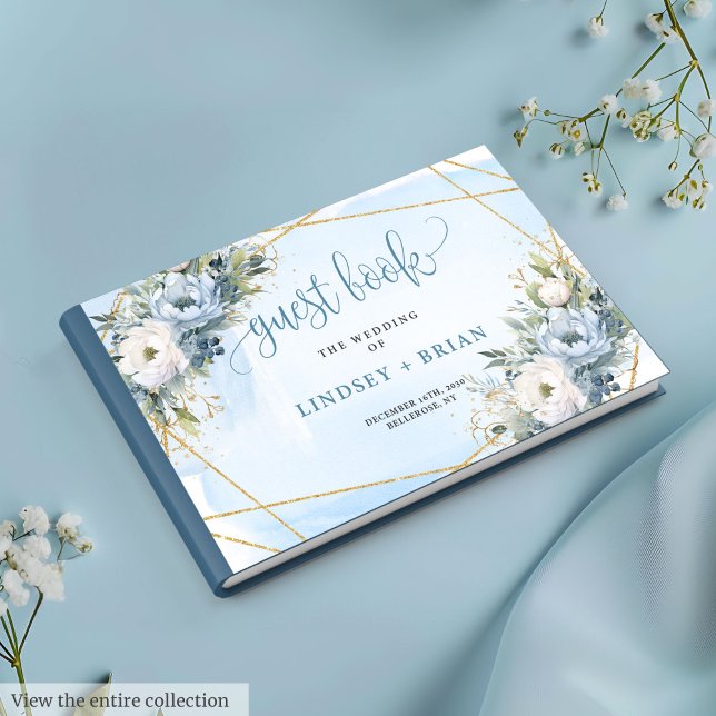 Stylisches Pastel Blue White Gold Peonies Gästebuc Gästebuch (Stylish Pastel Blue White Gold Peonies Guest Book)