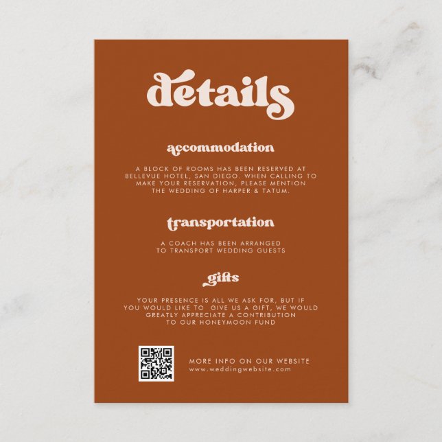 Stylisches Retro Burnt Orange Wedding Details QR C Begleitkarte (Vorderseite)