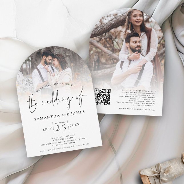 Stylisches Script 2 Fotos Overlay QR Code Hochzeit Einladung (Front and back view)