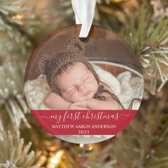 Stylisches Script Red My First Christmas Baby Ornament (Baum)