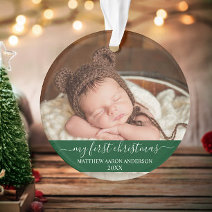 Stylisches Skript Mein erstes Weihnachtskind Green Ornament