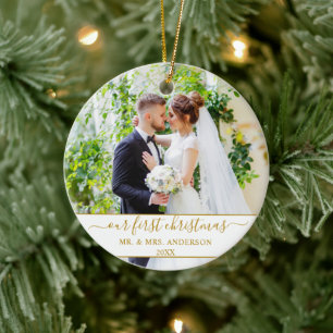 Stylisches Skript Unser erstes Weihnachtsgold Keramik Ornament