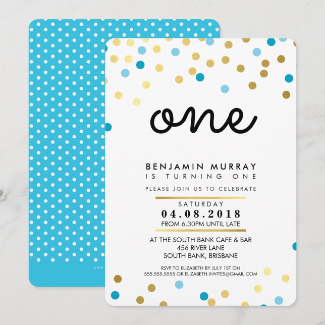 STYLISH 1. Geburtstag Party INVITE blauer Goldjung Einladung (Vorne/Hinten)