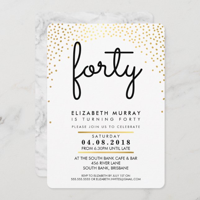 STYLISH 40. Geburtstag Party INVITE Goldkonfetti Einladung (Vorne/Hinten)