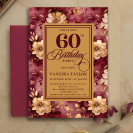Stylish 60th Birthday Burgundy Blush Floral Gold Einladung