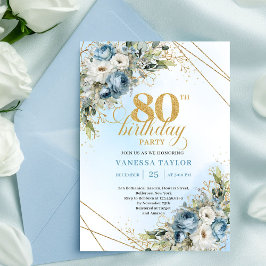 Stylish 80th Birthday Invitation Dusty Blue Gold Einladung