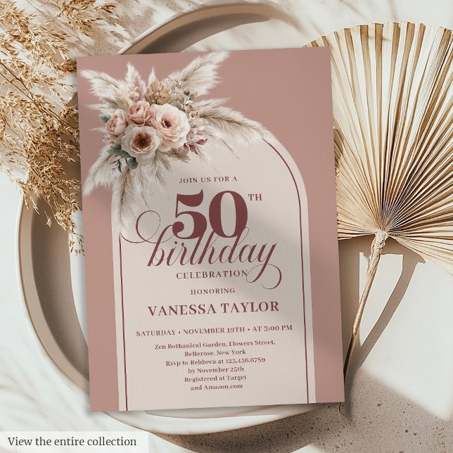 Stylish Arch Pastel Pink Pampas Floral 50 Birthday Einladung (Stylish Arch Pastel Pink Pampas Floral 50th Birthday)