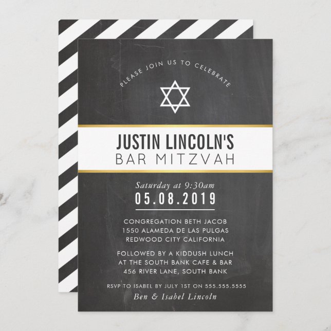 STYLISH-BAR MITZVAH-Mindest-Grauschalkpappgold Einladung (Vorne/Hinten)