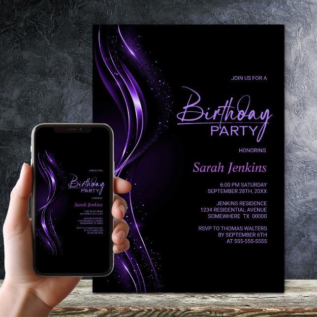 Stylish Black and Purple Birthday Party Einladung (Von Creator hochgeladen)