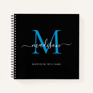 Stylish Black Blue Monogram Initial Script Name Notizbuch