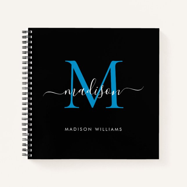 Stylish Black Blue Monogram Initial Script Name Notizbuch (Vorderseite)